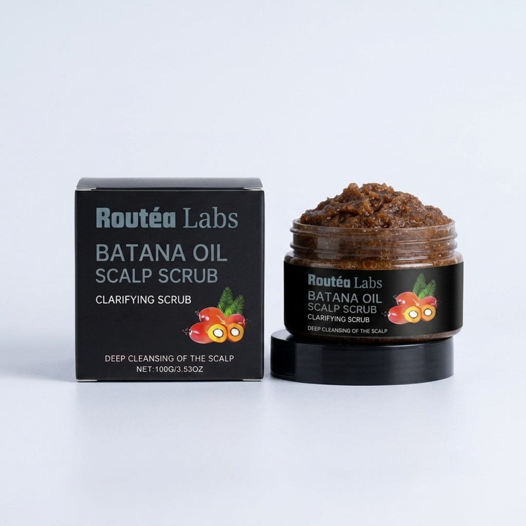 Banana oil scalp scrub with packaging on a white background