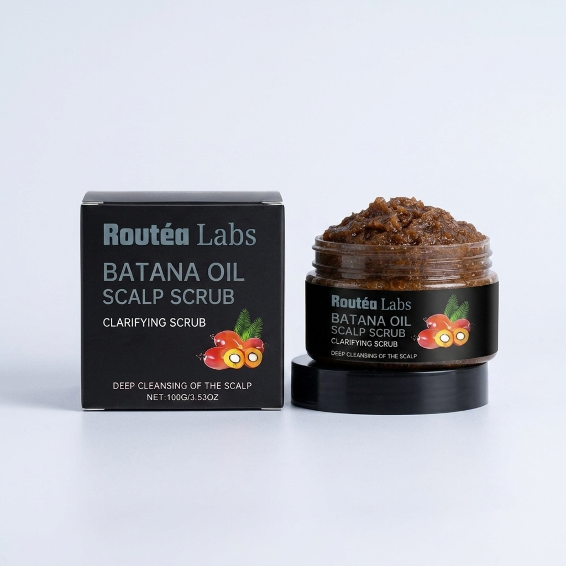 Banana oil scalp scrub with packaging on a white background