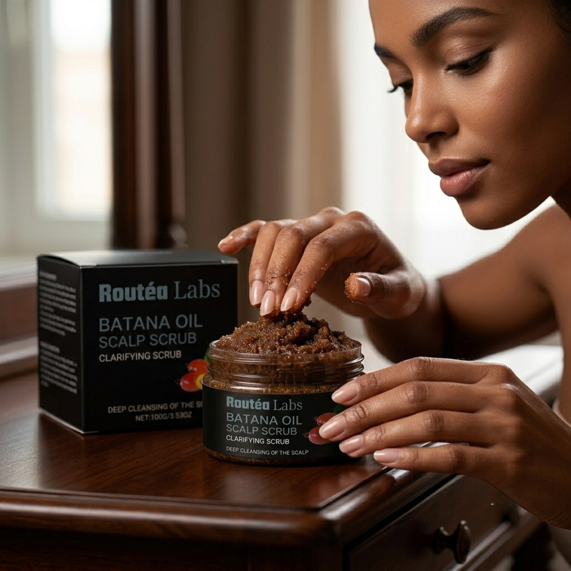 Woman applying Batana Oil Scalp Scrub to her hand with Routé Labs packaging in the background.