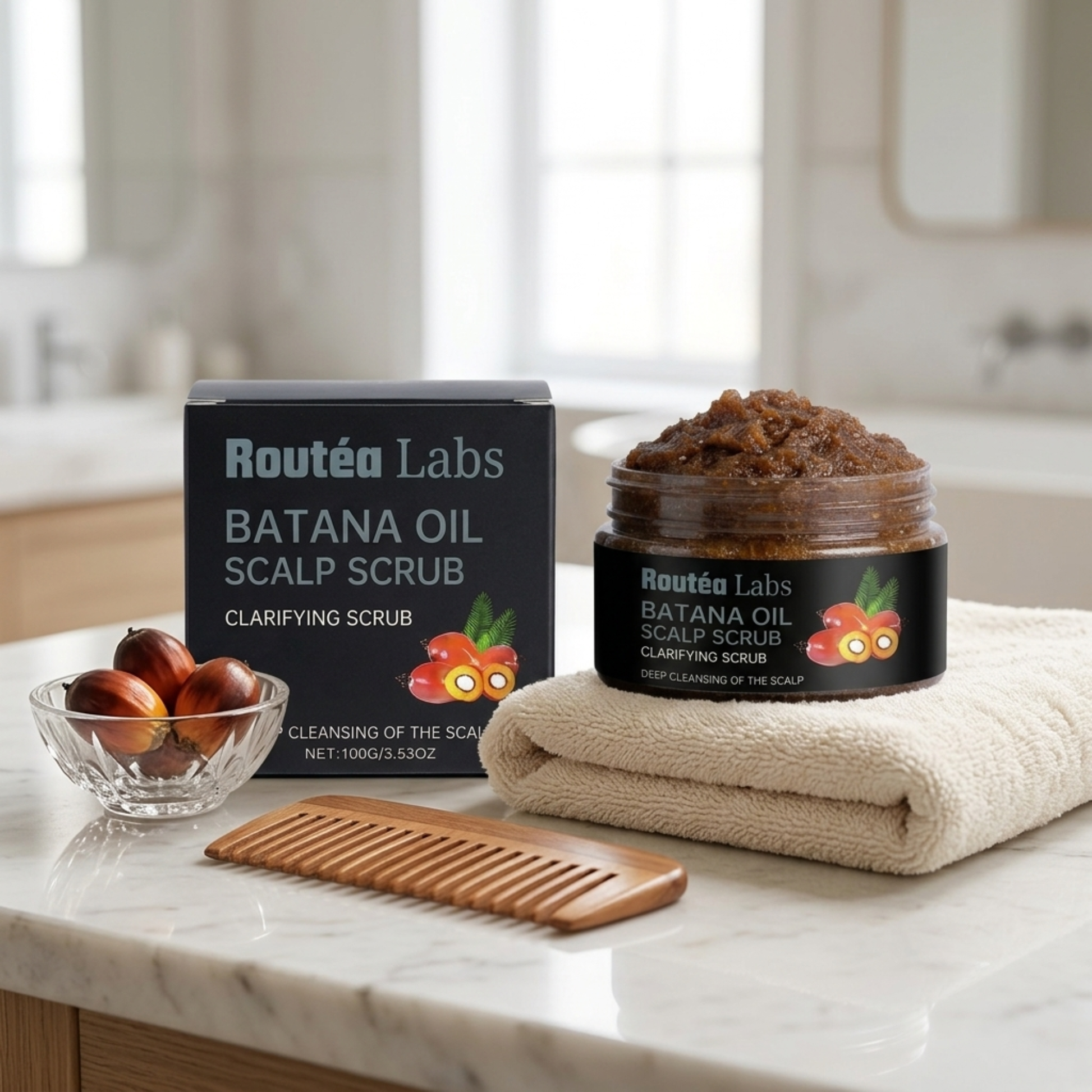 Banana oil scalp scrub with packaging and accessories on a marble surface