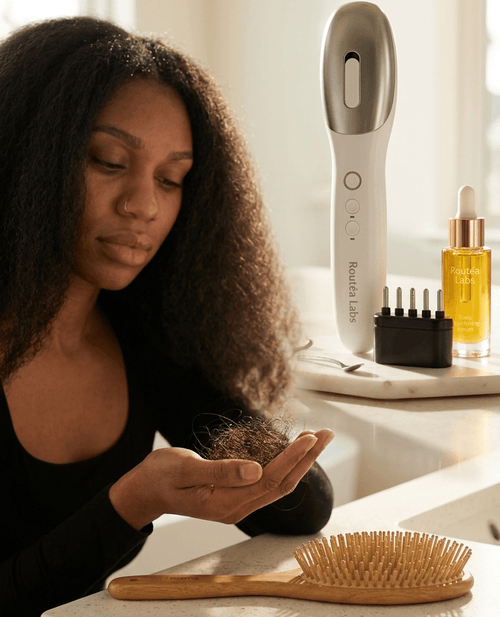 Woman examining hair loss with Routéa Labs 3-in-1 EMS hair growth comb with light therapy and oil dispenser.