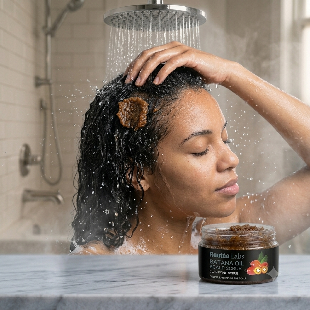 Person washing hair with a jar of Routin Labs product on a bathroom counter.